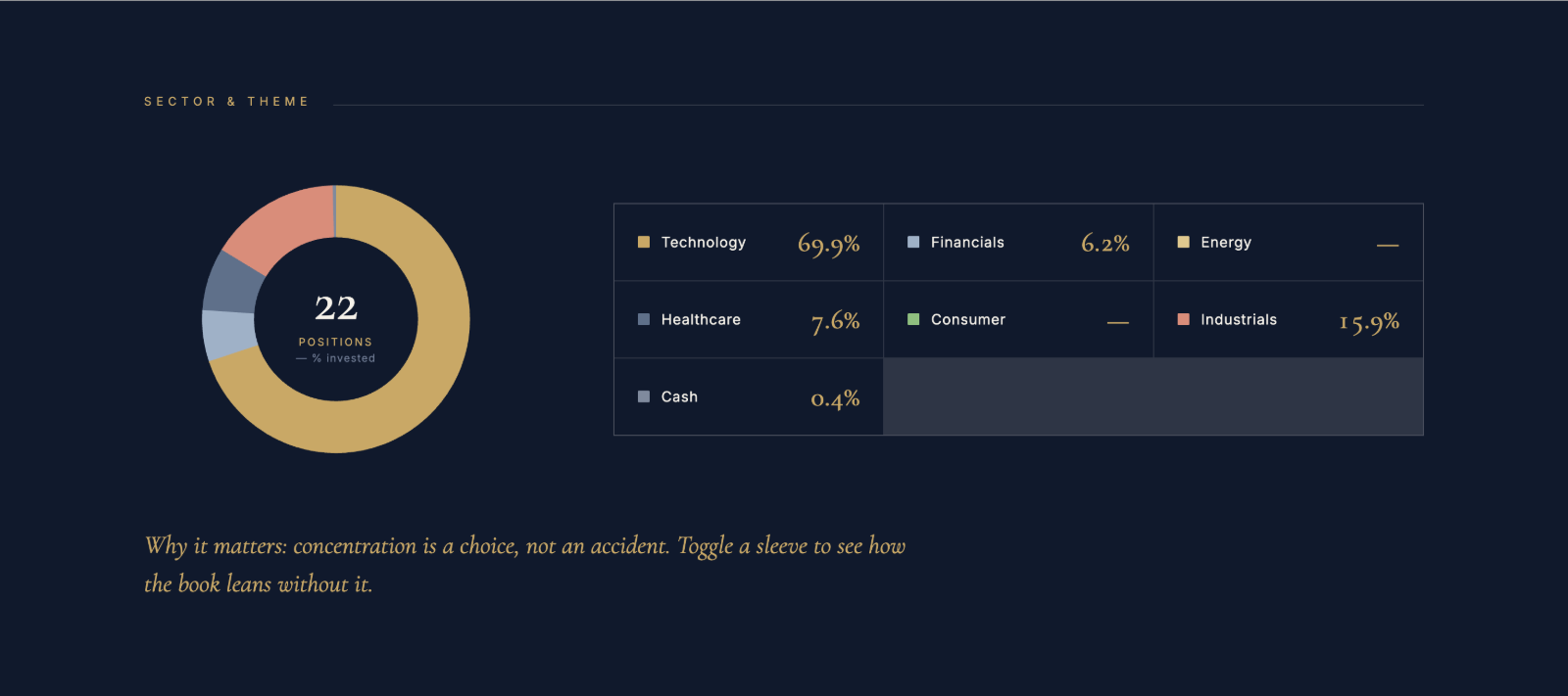 Keller Joseph Capital sector and theme breakdown module